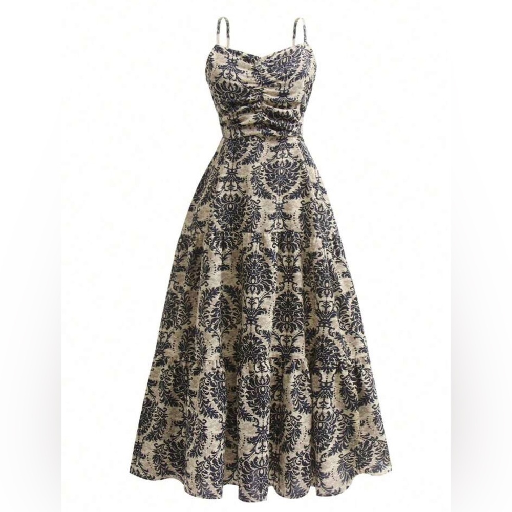 Women's Summer Maxi Dress blue Damask Print Ruffle Camisole, size small, NWOT